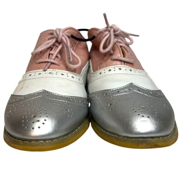 Wingtip Brogue Color Block Leather Oxfords 37 US 7 Pink Silver Saddle Shoes Retr - Picture 4 of 9